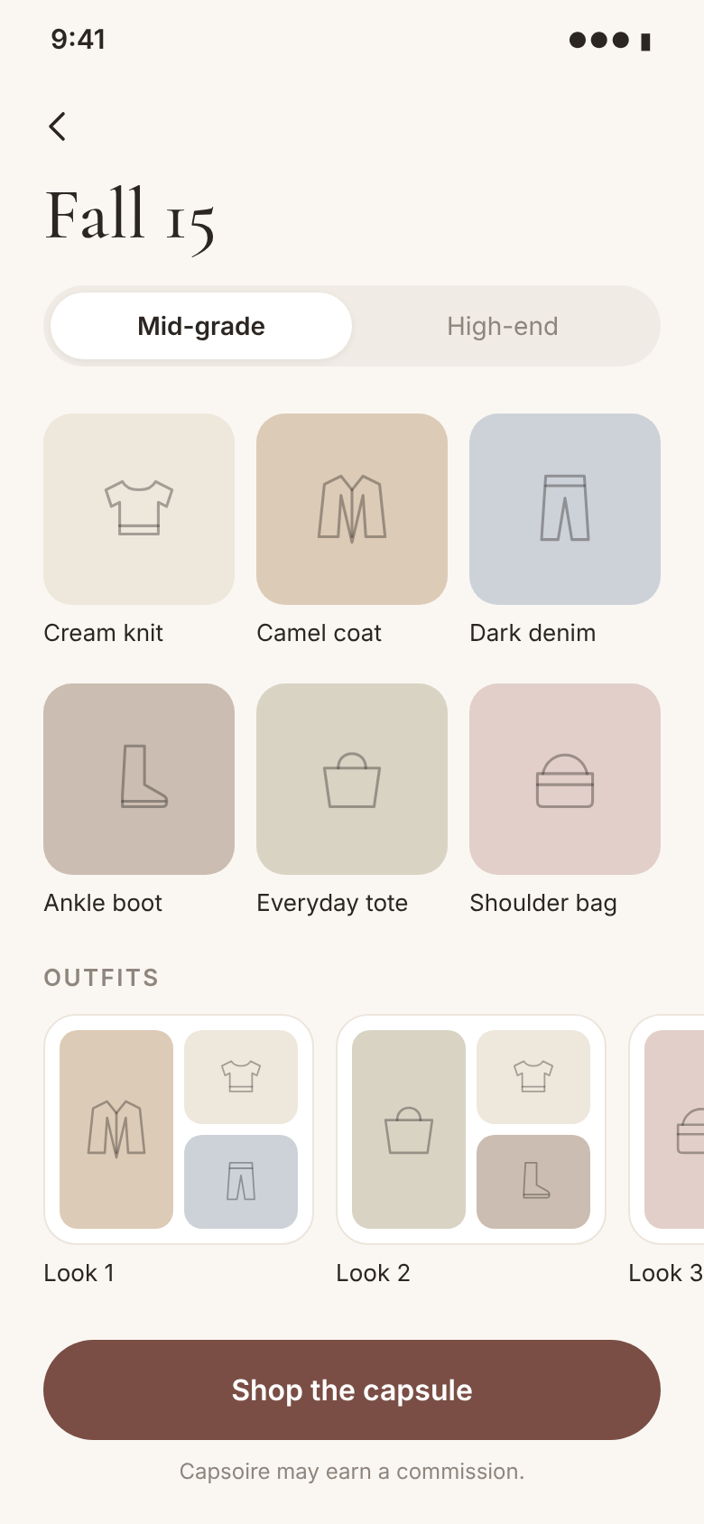 Preview of the Fall 15 capsule screen in the Capsoire app, with simple color tiles for each piece